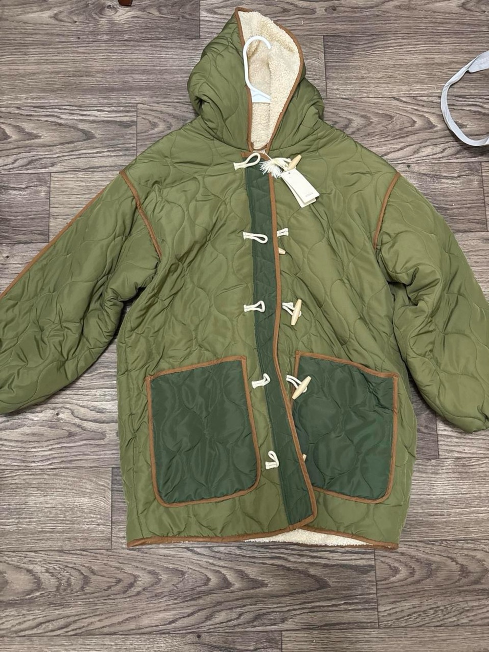Doen Olive Quilted Hooded Toggle Coat with Contrast Pockets